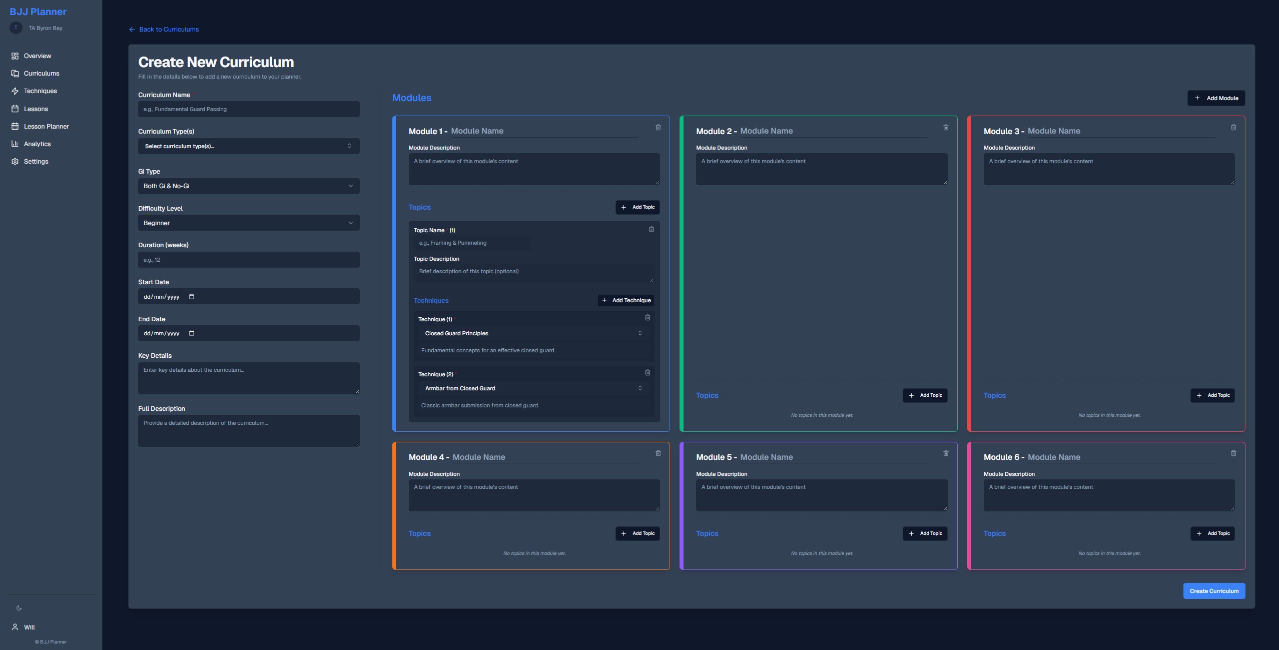 BJJ Planner Curriculum View - Dark Mode