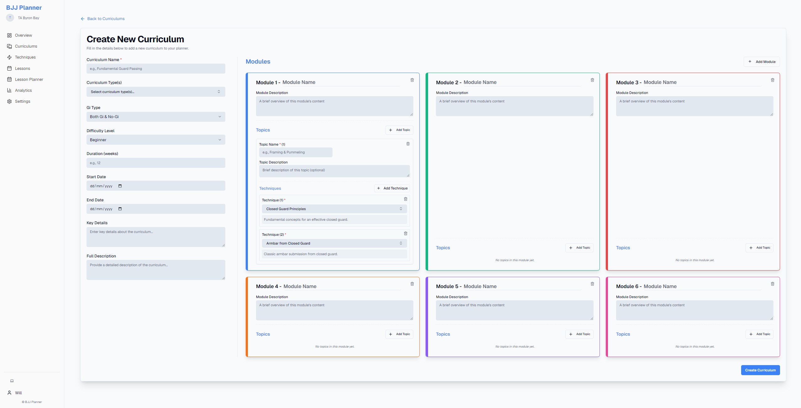 BJJ Planner Curriculum View - Light Mode