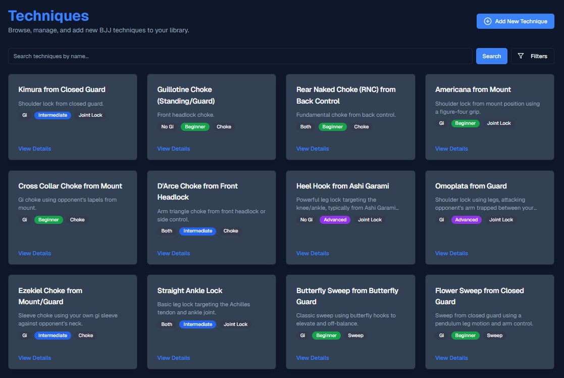 BJJ Planner Techniques Library - Dark Mode